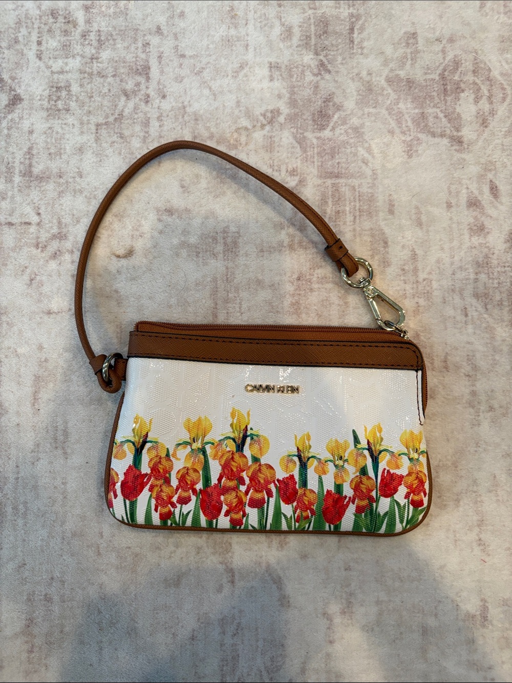 Calvin Klein White Floral Wristlet with Brown Trim